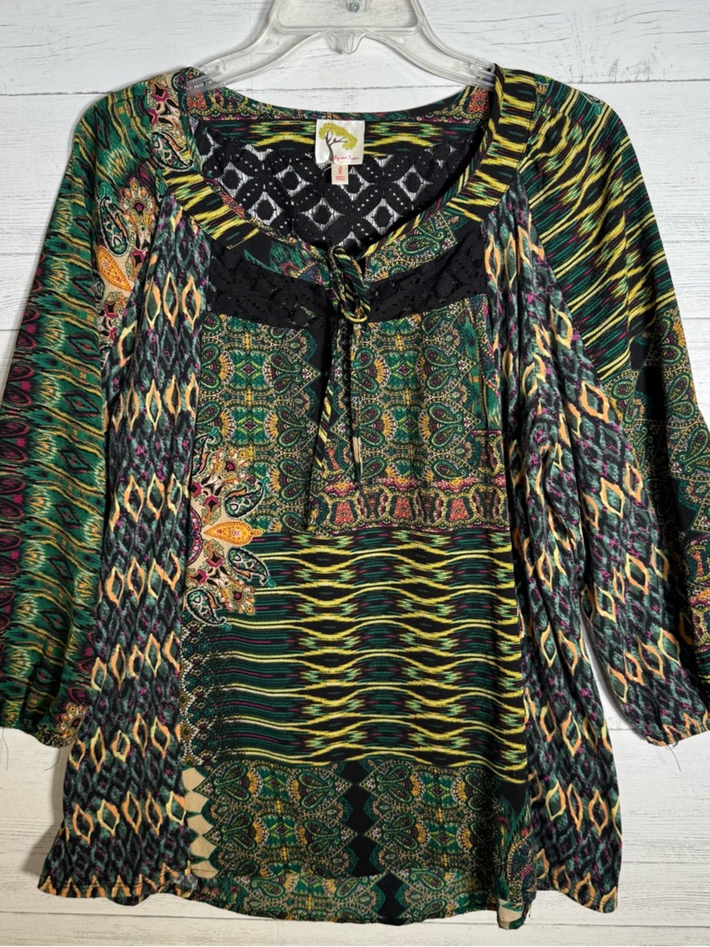 Fig & Flower Floral Artsy Boho Blouse Sz L Lace Inset 3/4 Sleeve Black Green